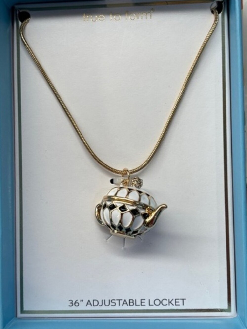True To Form Teapot Locket Pendant Necklace in Gold & White 36" Adjustable  Ti M